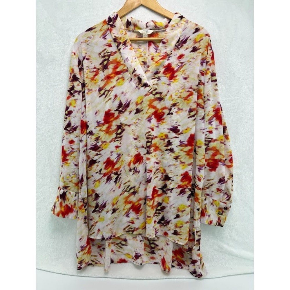 Terre & Sky Plus Size 2X Tunic Top Watercolor Long Sleeve V Neck